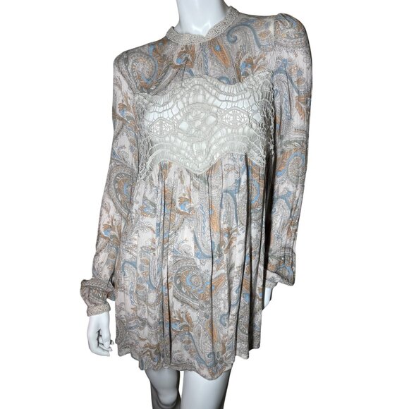 Free People M Lace & Paisley Long Sleeve Mini Dress Boho Summer Festival Medium - Picture 1 of 15